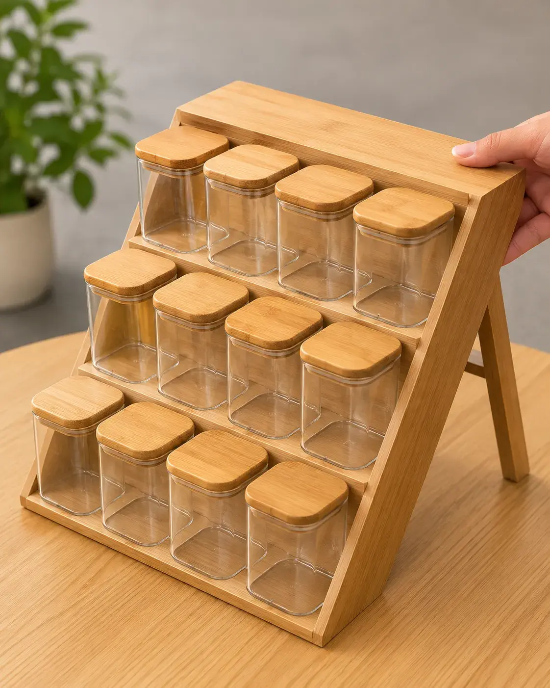 Bamboo spice rack with glass jars