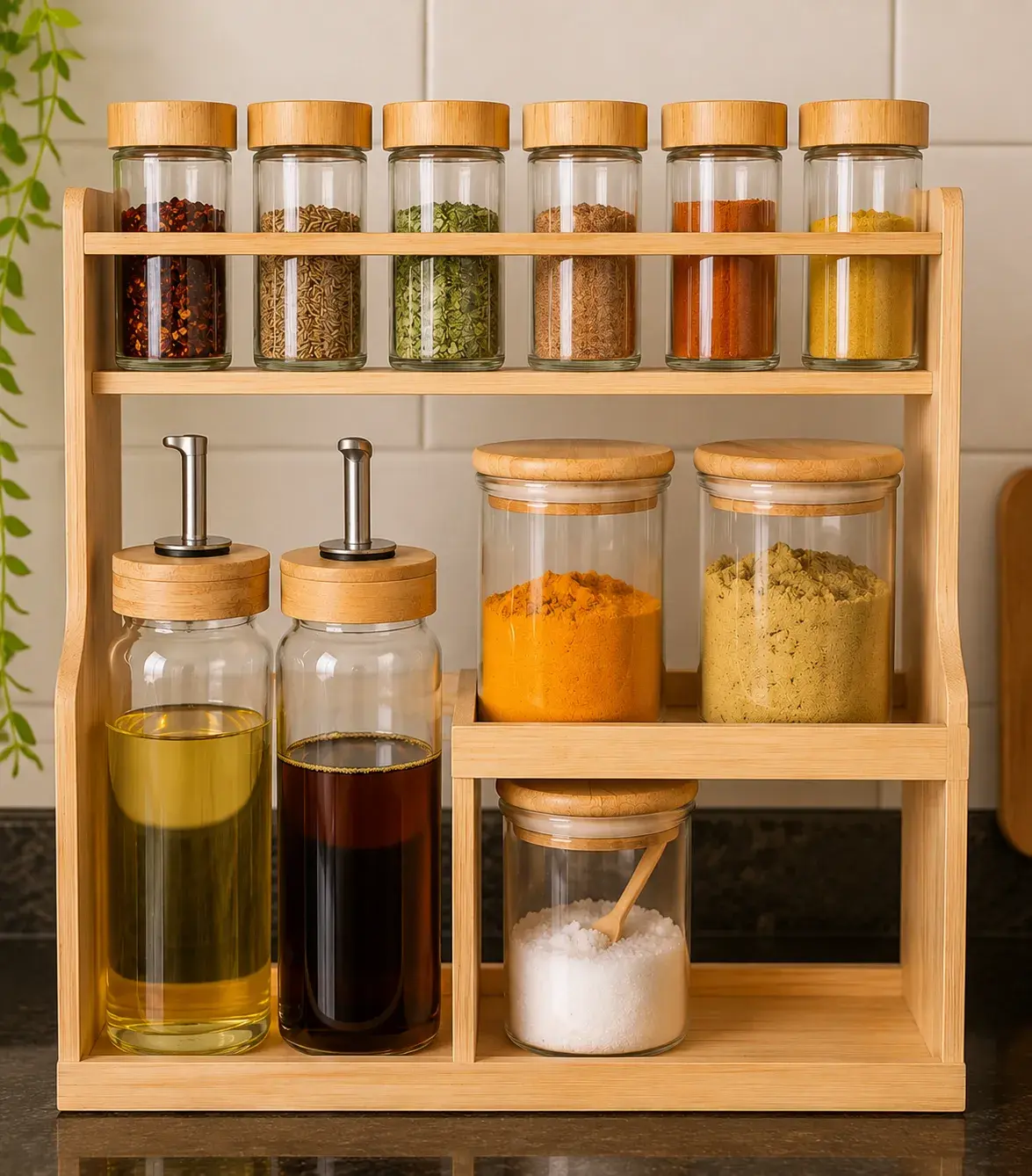 Bamboo spice rack with natural tones