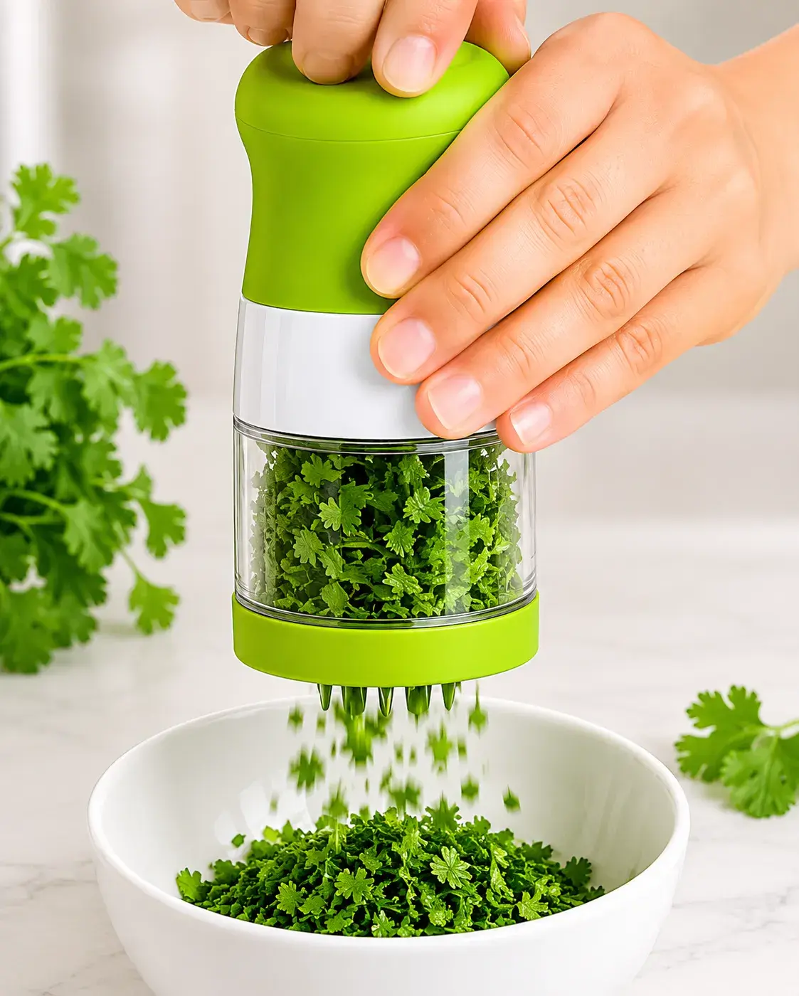 Fresh herbs being chopped in the kitchen