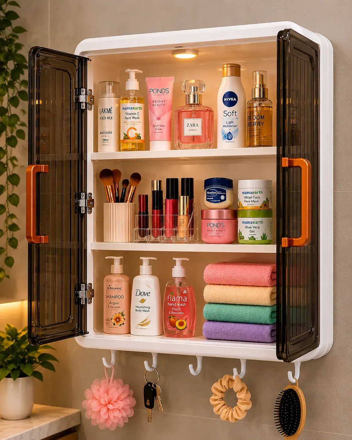 Organized bathroom vanity with skincare display