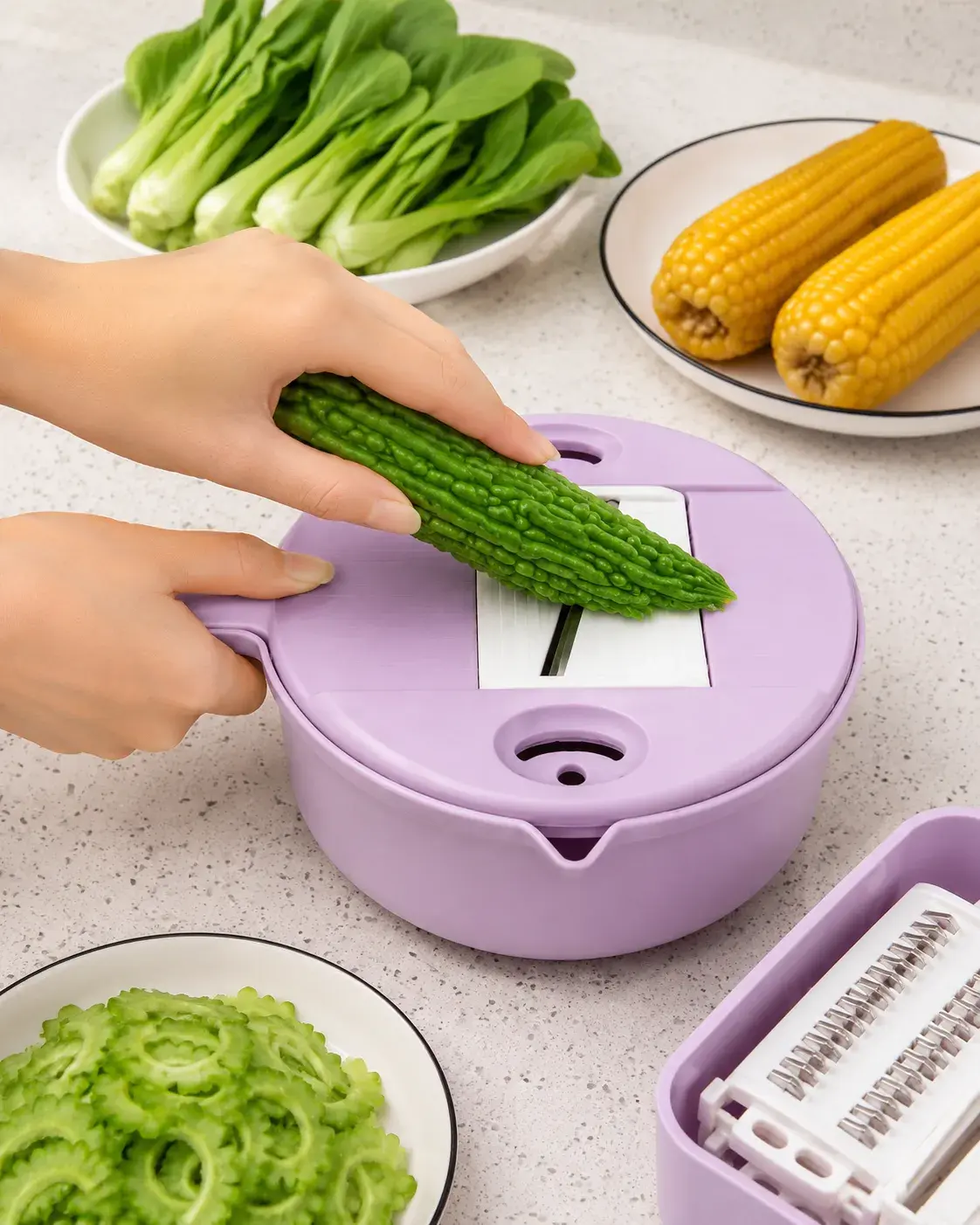 Pastel slicer and fresh vegetables