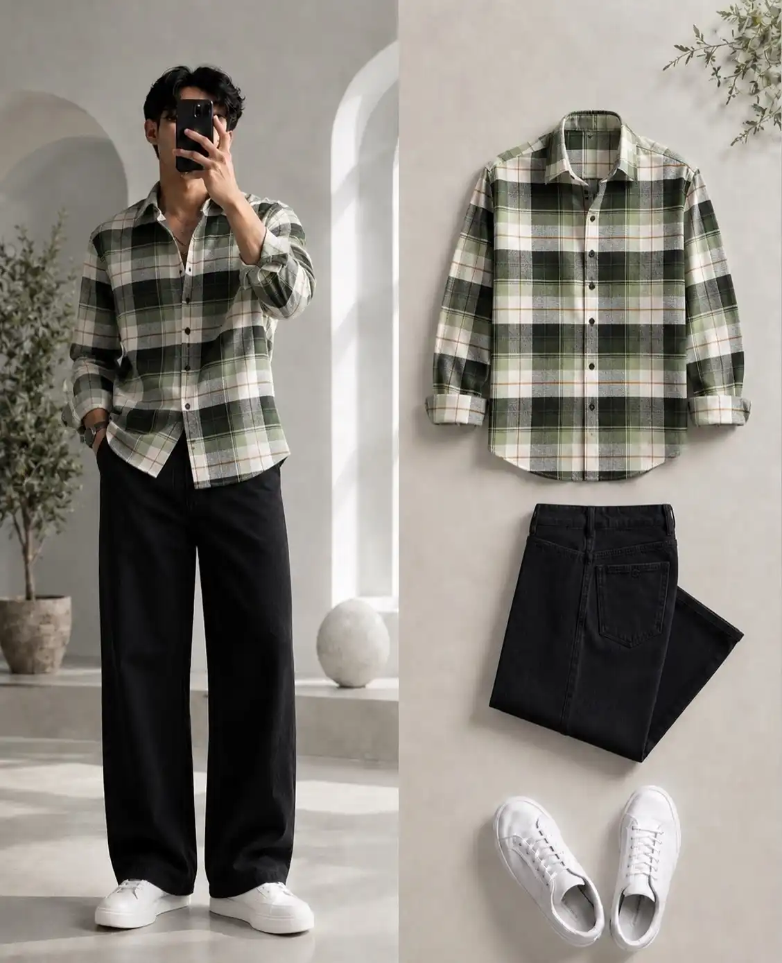 Men's Long-Sleeve Shirt with Solid Trousers