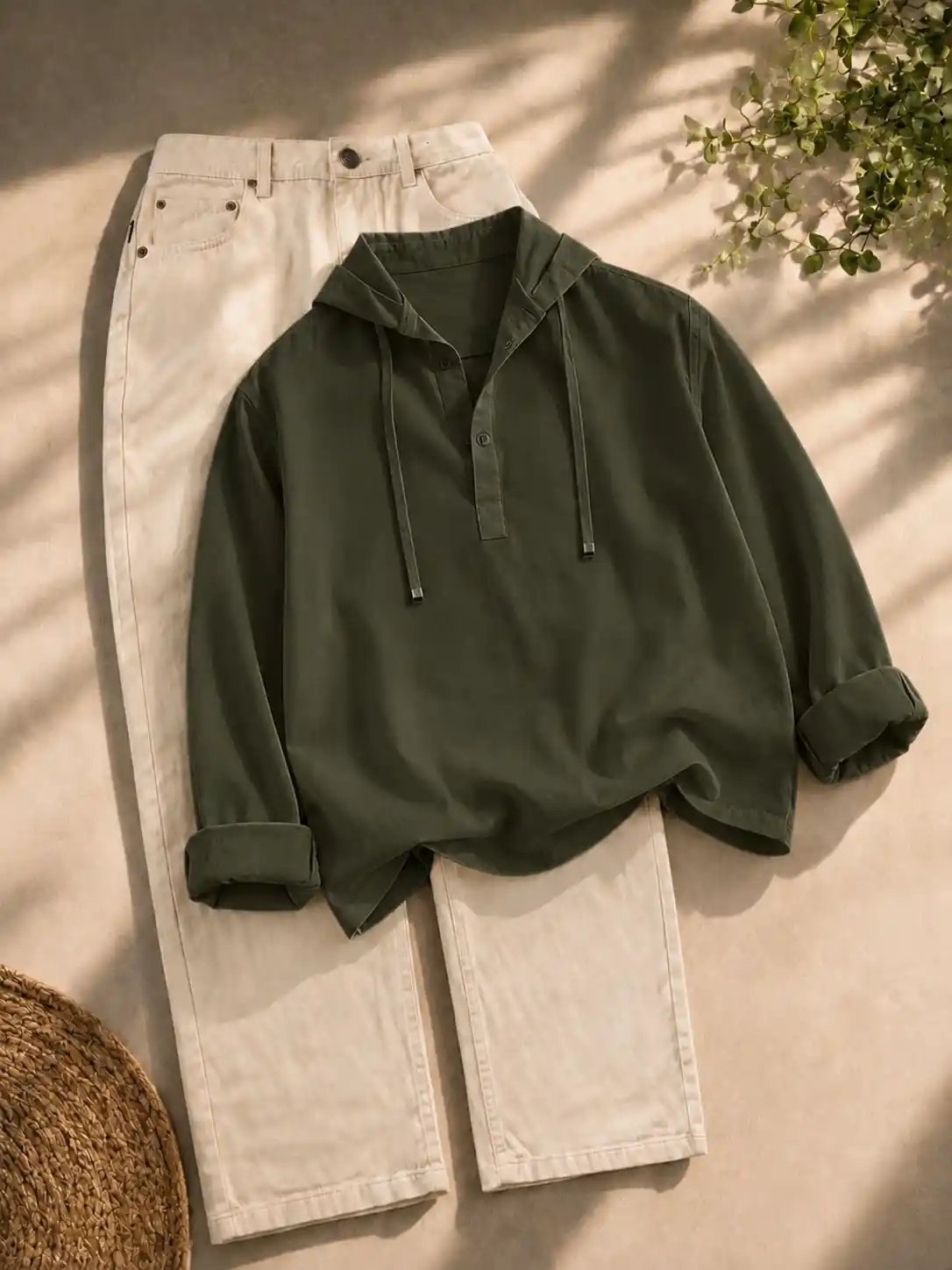 Men's Long-Sleeve Hooded Pullover T-Shirt with Relaxed Trousers Combo